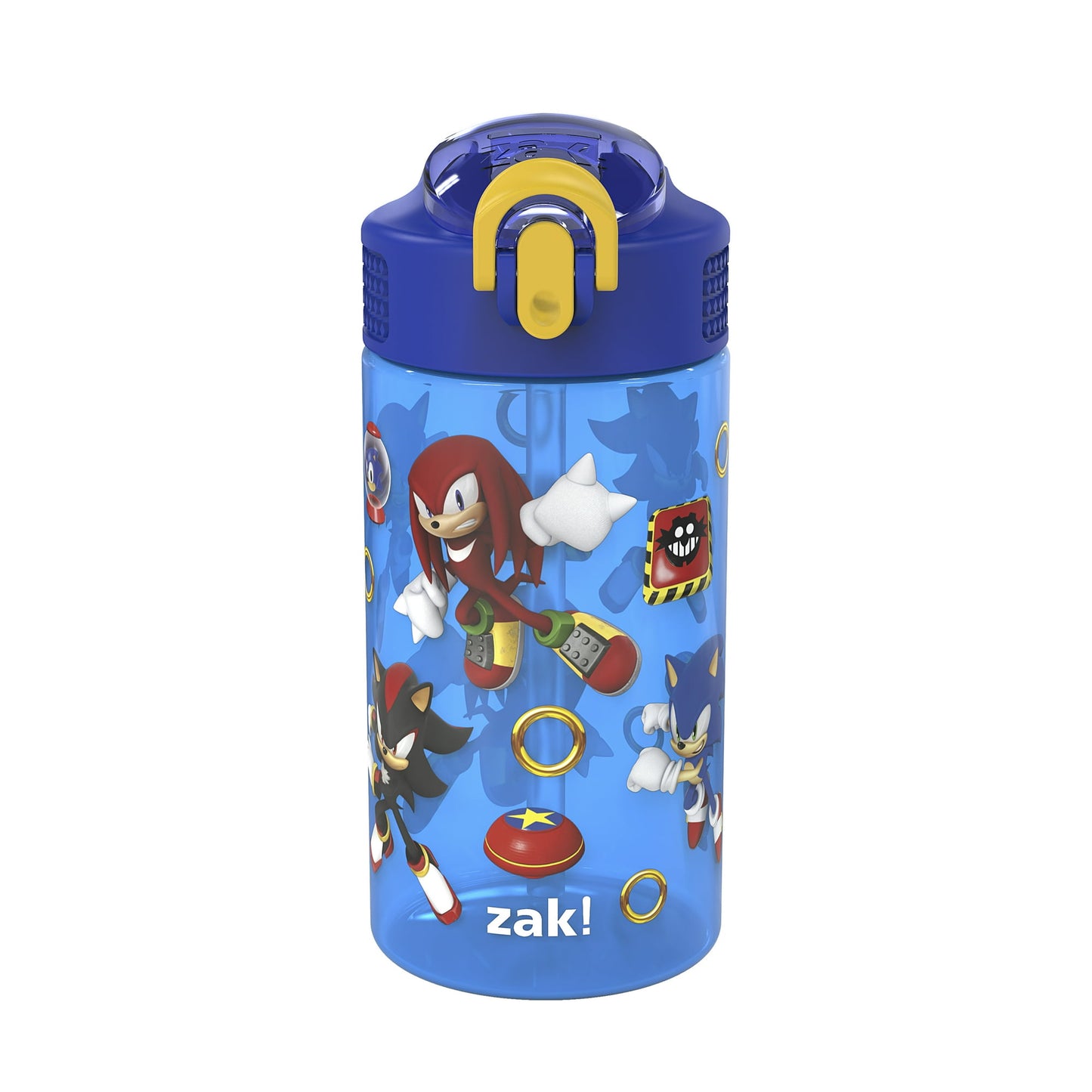 Blue water bottle with cartoon character design on a white background