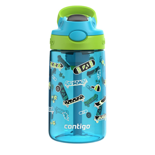 Blue water bottle with green lid and skateboard design on a white background