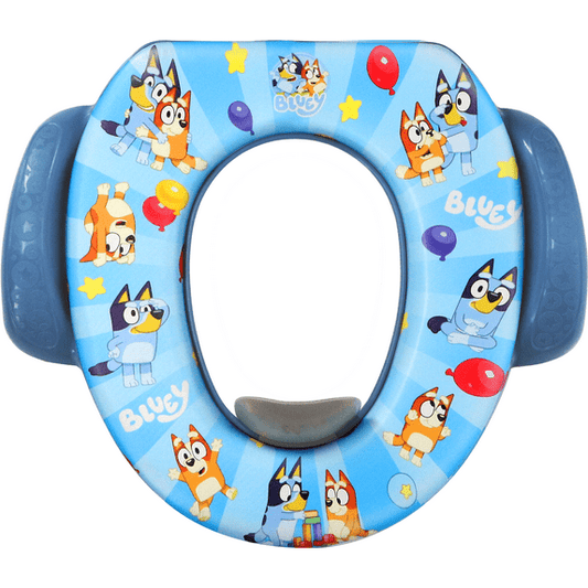 A blue, oval-shaped potty training seat with cartoon animal characters and balloons printed on it