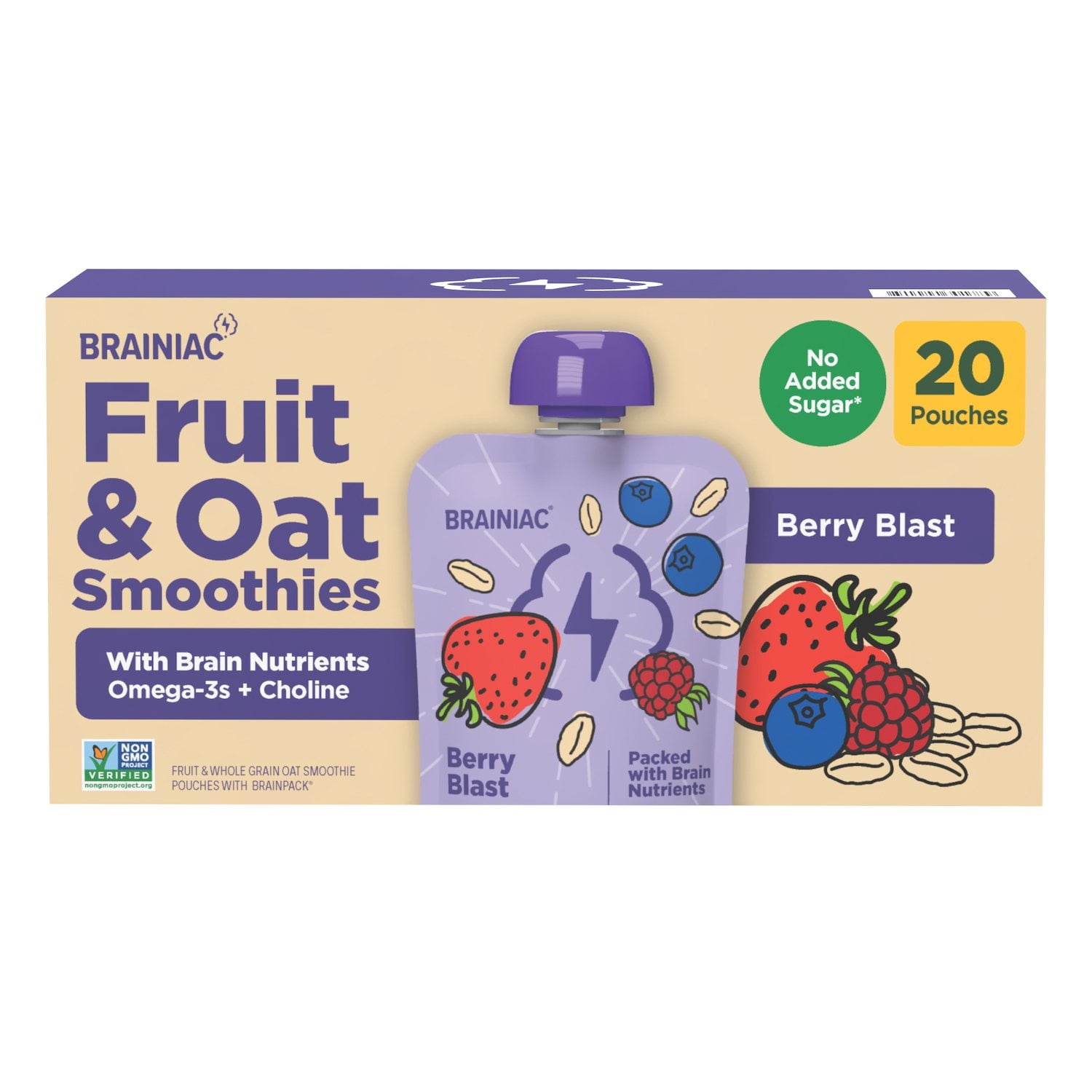 Box of Fruit & Oat Smoothies with Berry Blast flavor on a beige background