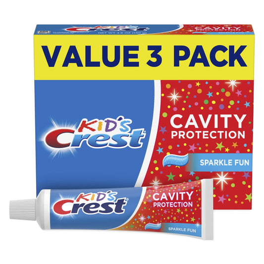 Box of Kids cavity protection toothpaste with a value 3 pack label.