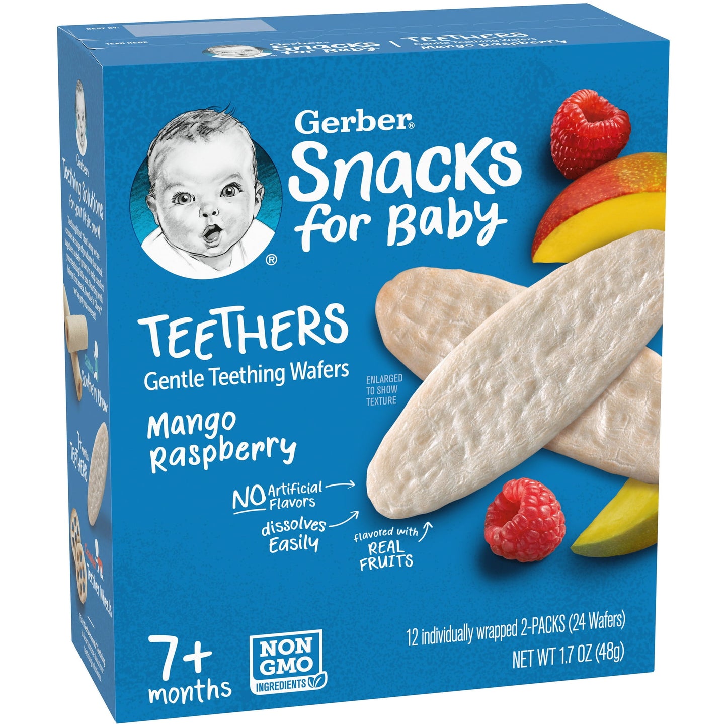 Box of Snacks for Baby Teething Wafers with mango raspberry flavor on a blue background