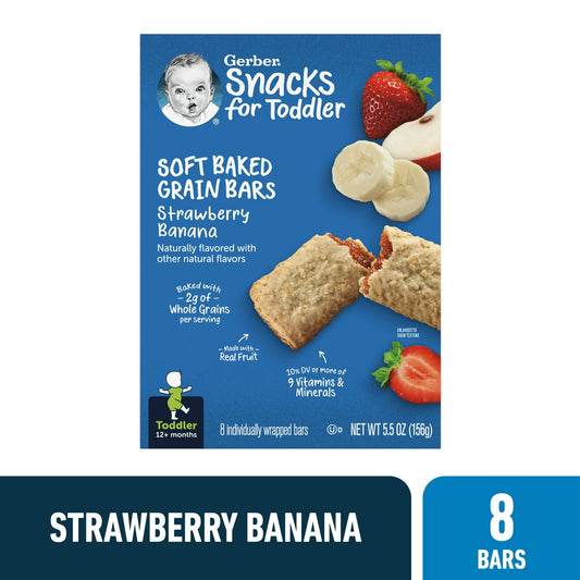 Box of Snacks for Toddler Soft Baked Grain Bars Strawberry Banana flavor on a white background