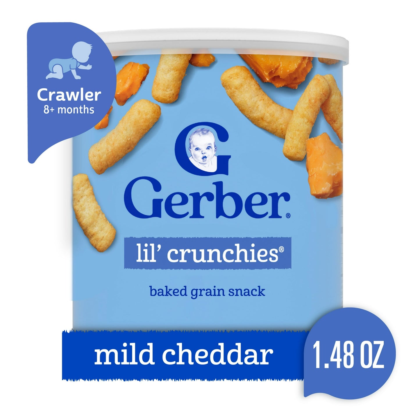 Cheddar baked corn snacks for babies and toddlers, 1.48 oz canister – healthy finger food, clean label certified.