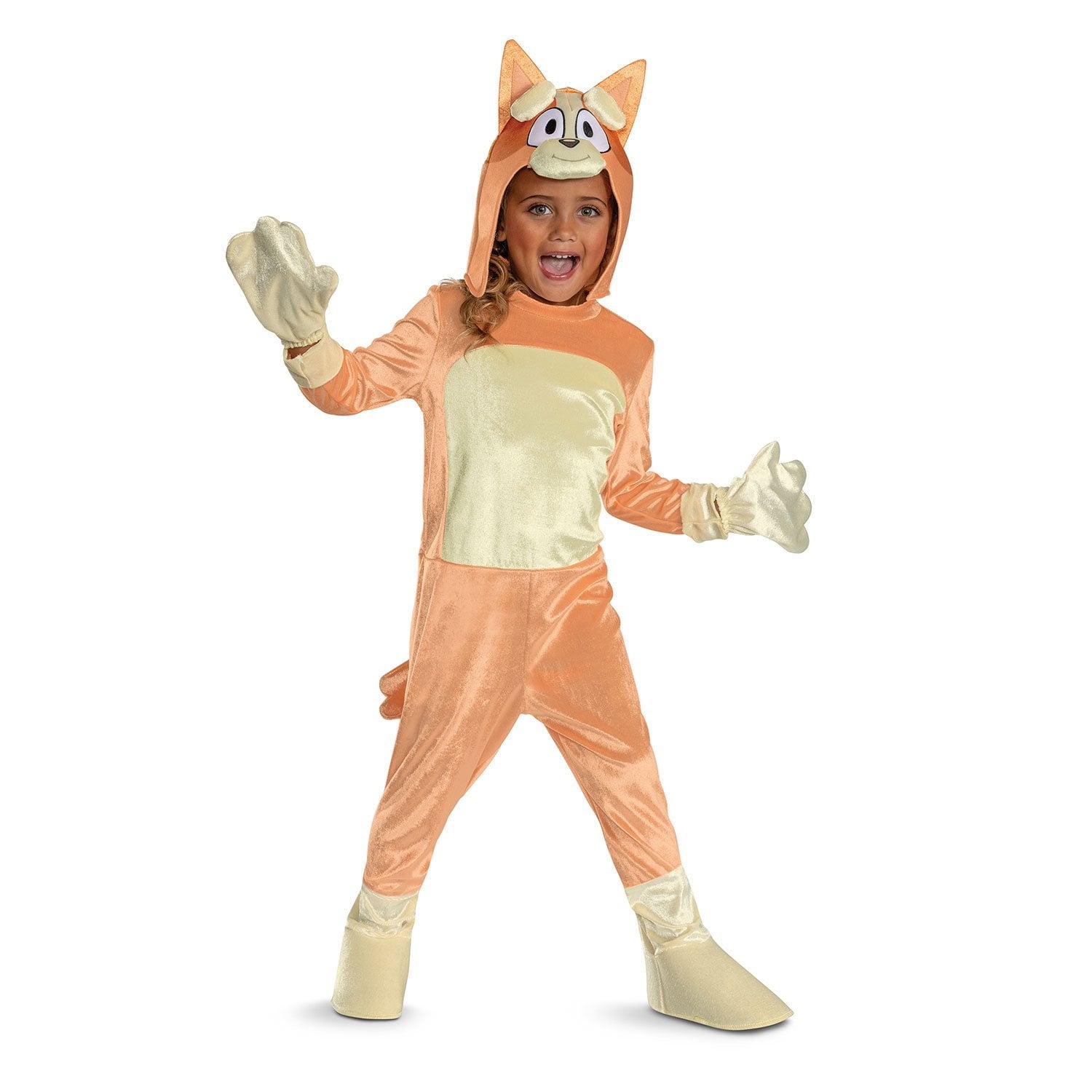 Child wearing a cartoon character Halloween costume on a white background