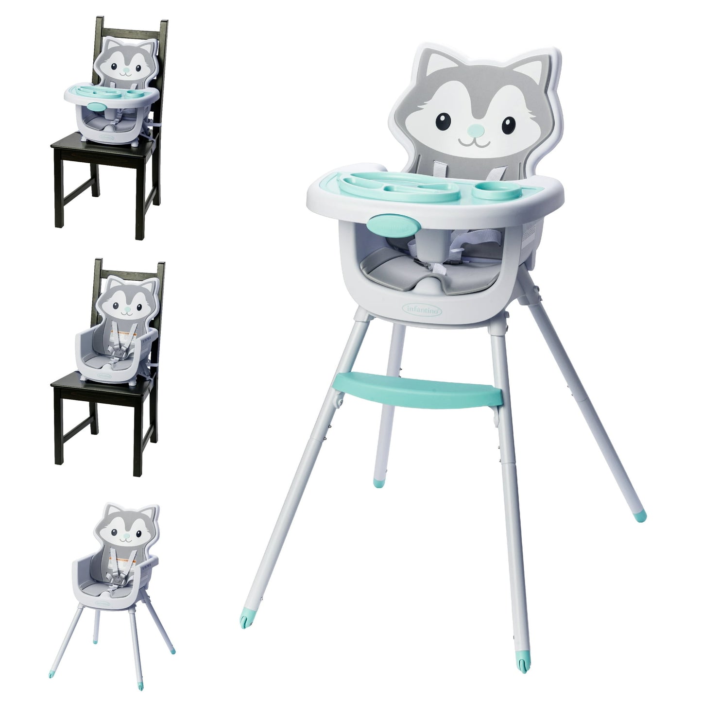 Children's high chair with husky design on a white background