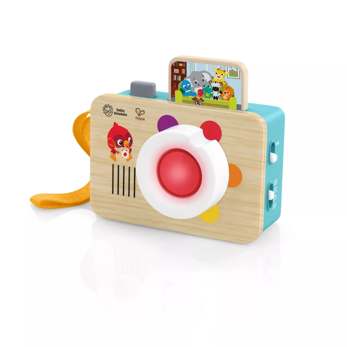 Children's toy camera with wooden body and colorful buttons on a white background