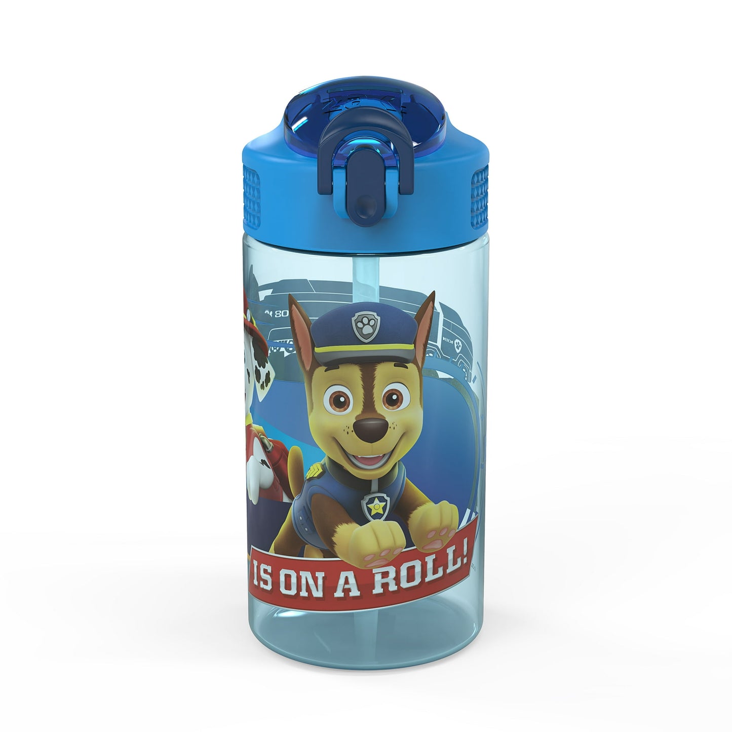 Children's water bottle with cartoon character on a white background