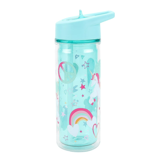 Children's water bottle with unicorn and rainbow design on a white background