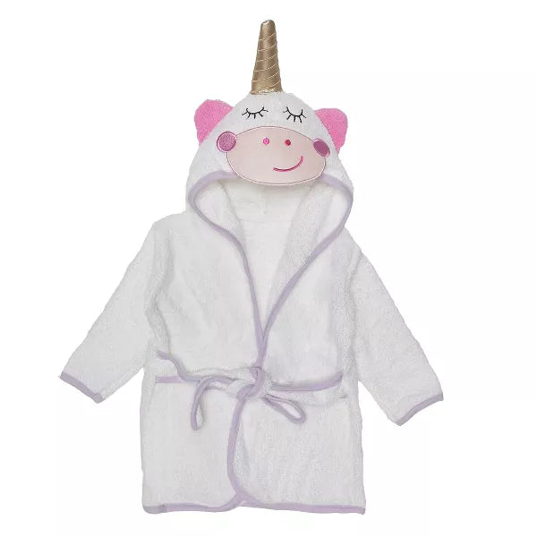 Children's white bathrobe with unicorn hood on a white background