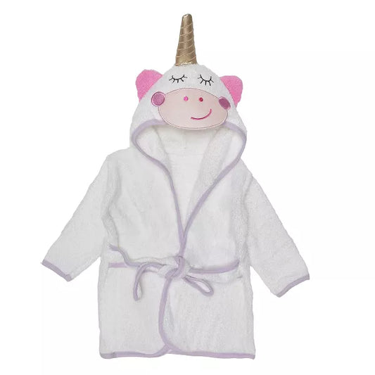 Children's white bathrobe with unicorn hood on a white background