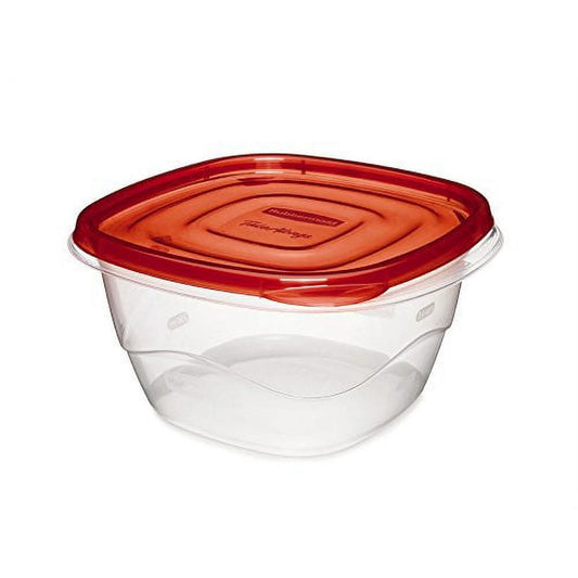 Clear plastic container with a red lid on a white background