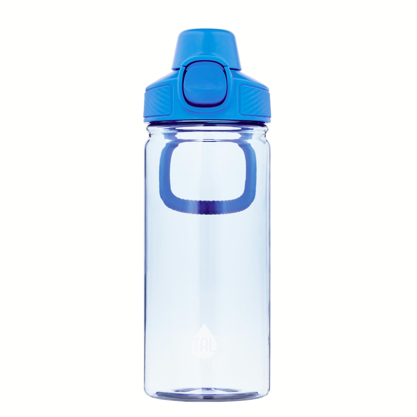 Clear water bottle with a blue lid on a white background