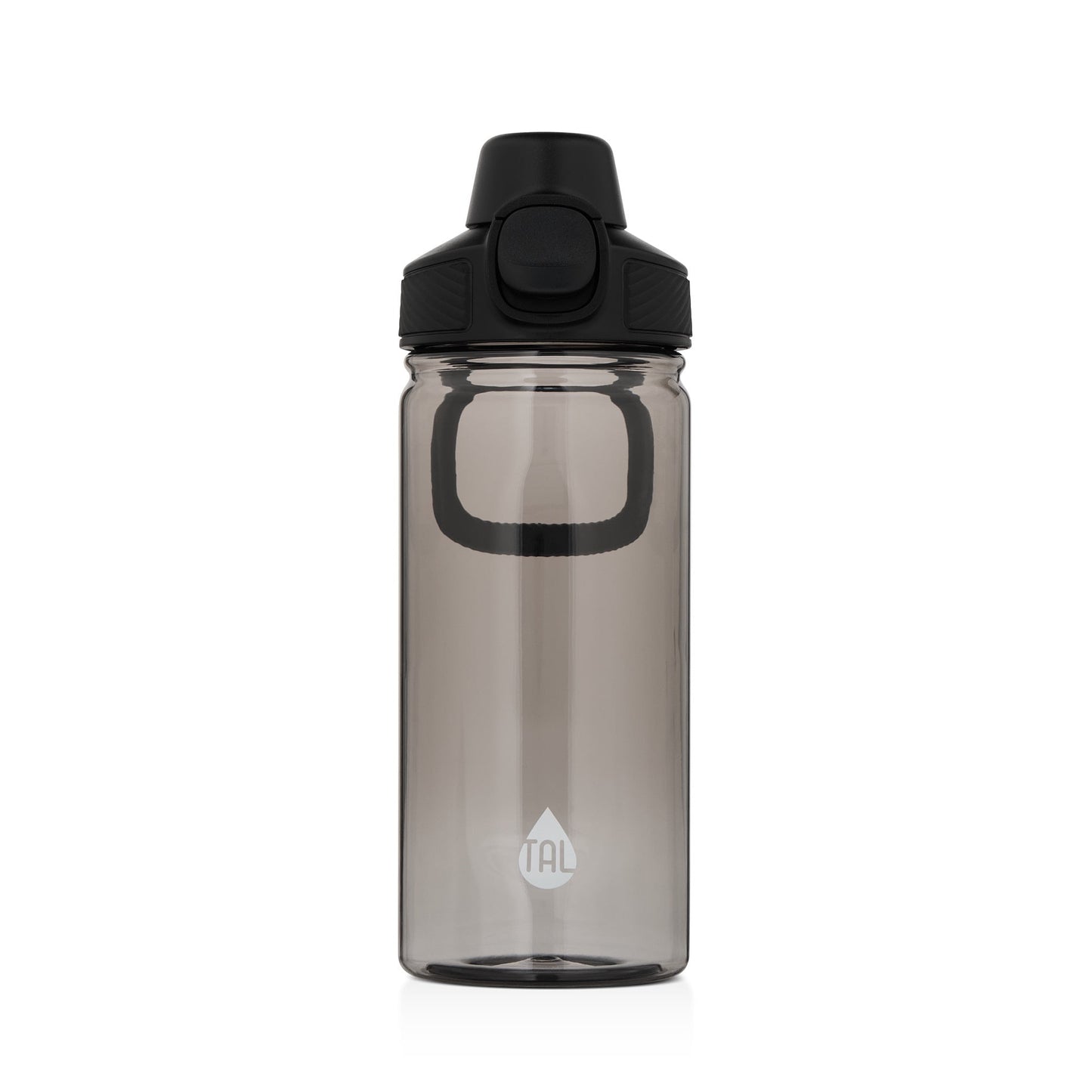 Clear water bottle with black lid on a white background