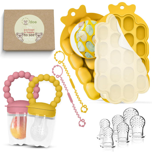 Collection of baby products including teething toys and silicone molds on a white background.