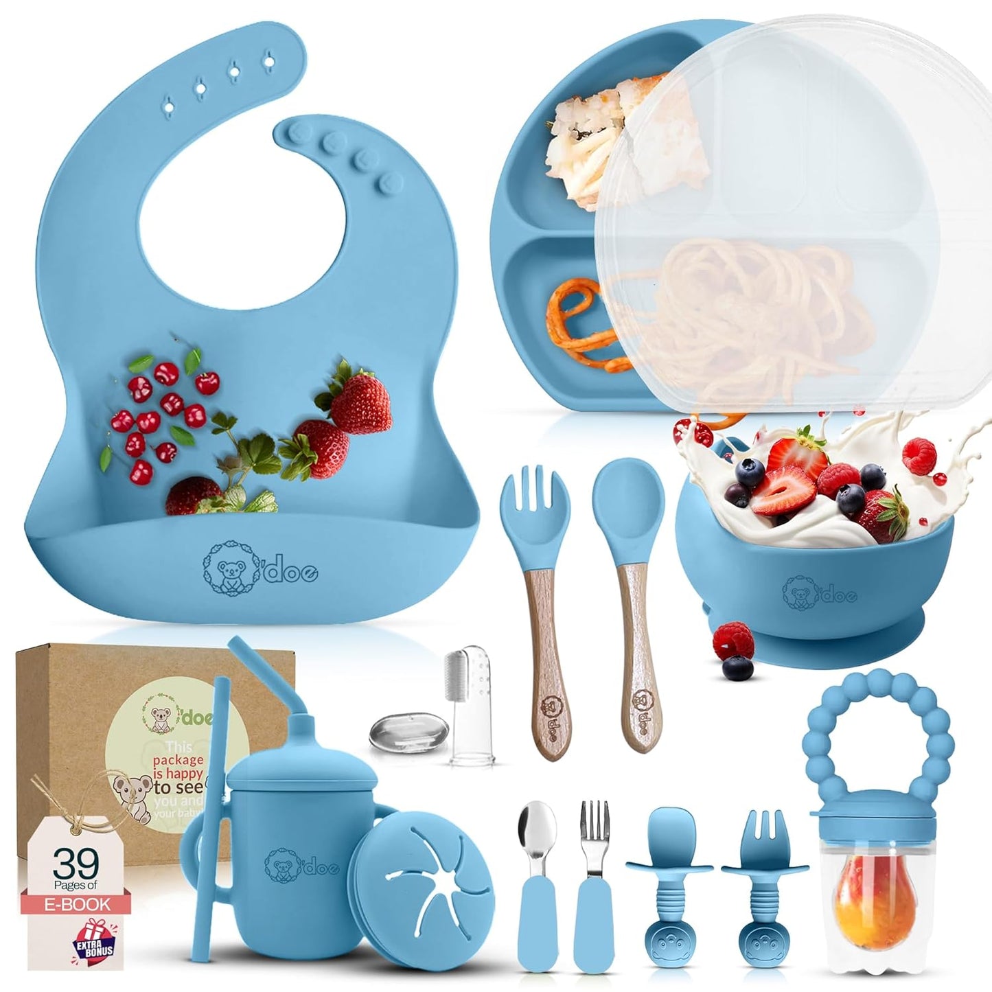 Collection of blue baby utensils and accessories including a bib, bowl, and cup on a white background.