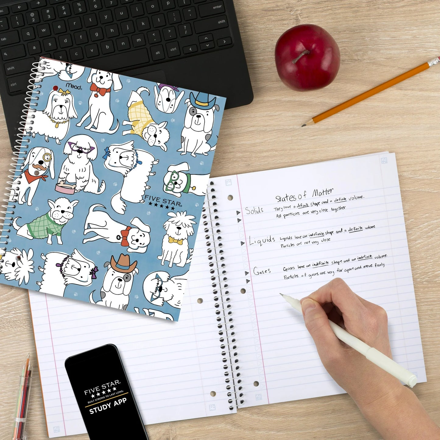 Five Star Cats & Dogs 1 Subject Wide Ruled Notebook Plus Study App, 8" x 10.5", Dogs, Poly, Spiral, 80 Sheets