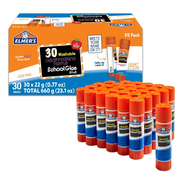 Elmer's Disappearing Purple School Glue Sticks, Washable, Write-On Labels, 30 Count