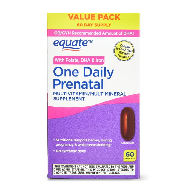 Equate One Daily Prenatal Softgels Multivitamin/Multimineral Supplement, Value Pack, 60 Count, Compare to One A Day Women Prenatal 1