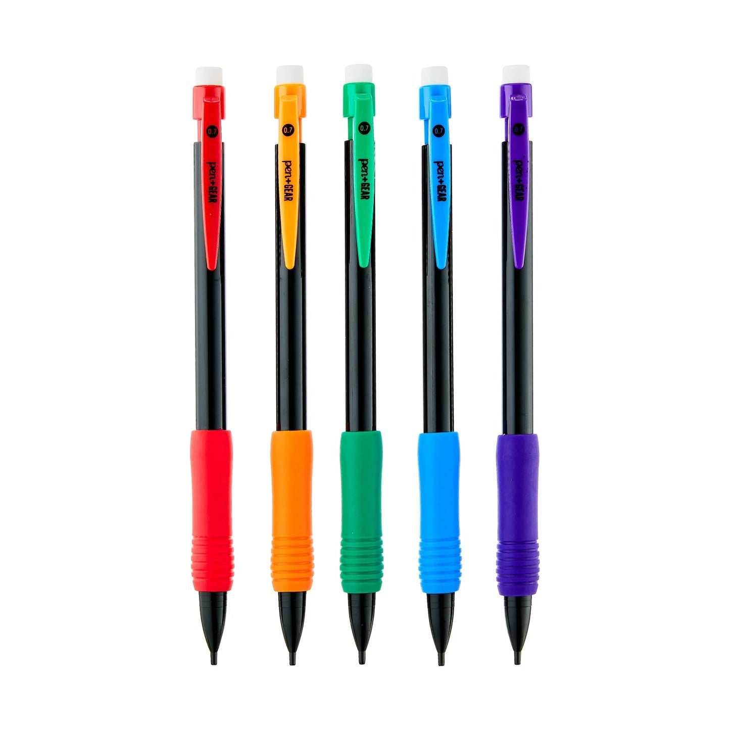 Five colorful pens with black bodies on a white background