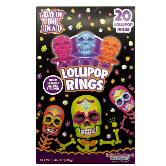 Flix Candy Halloween, Day of The Dead Lollipop Rings, Assorted Flavors, 20 Count Box