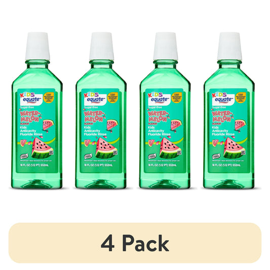 Four bottles of Kids Watermelon Anticavity Fluoride Mouthwash on a white background