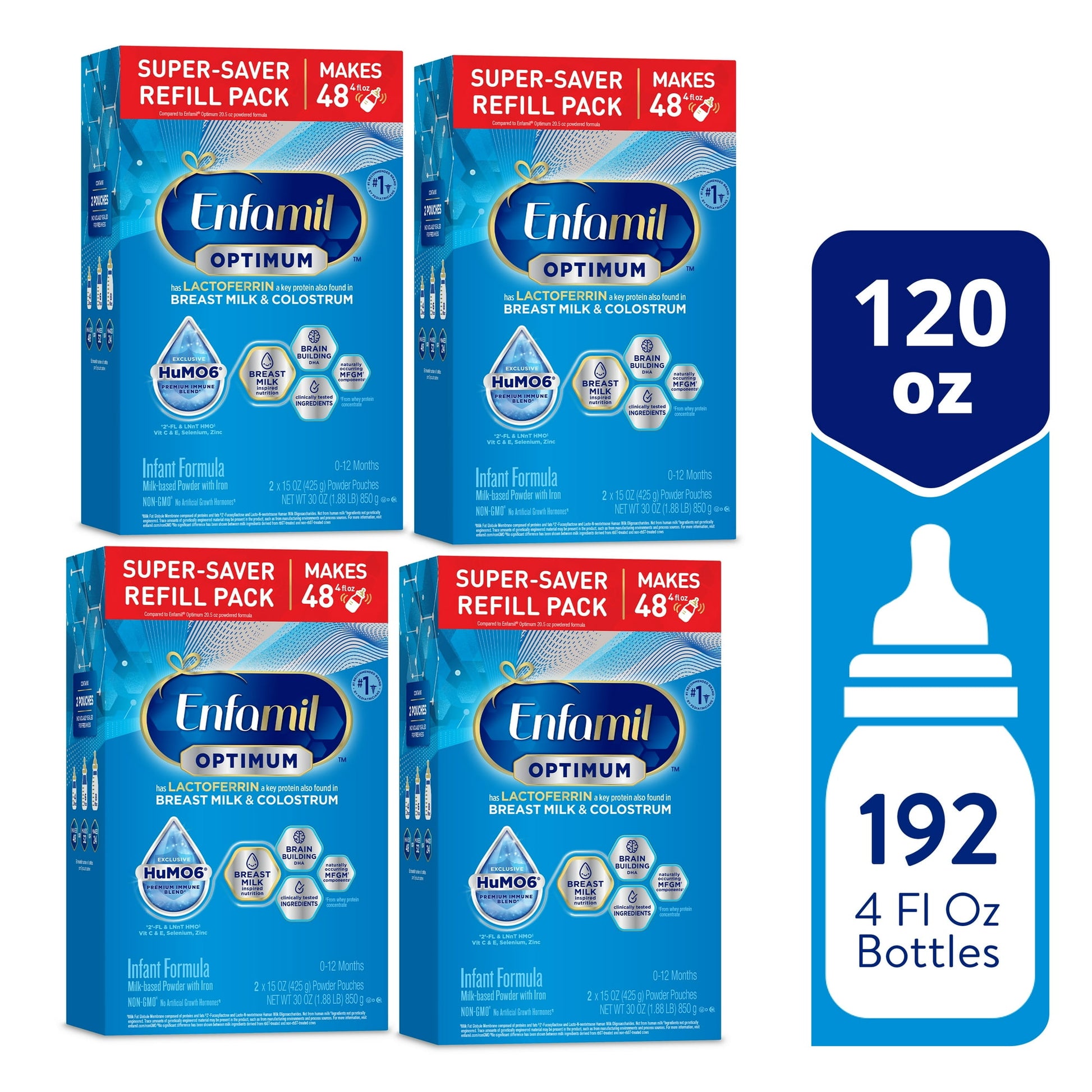 Four boxes of Optimum infant formula with a bottle and ounces label on a white background.