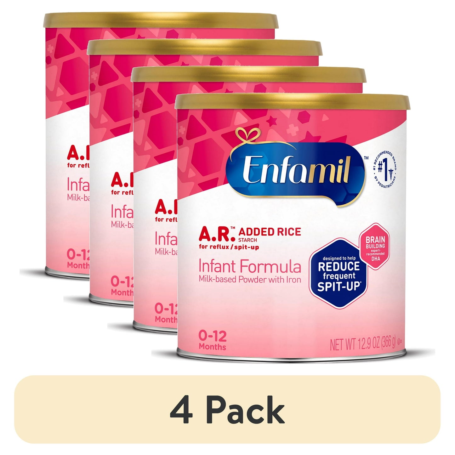 Four cans of Added Rice Infant Formula with pink and gold design on a white background.