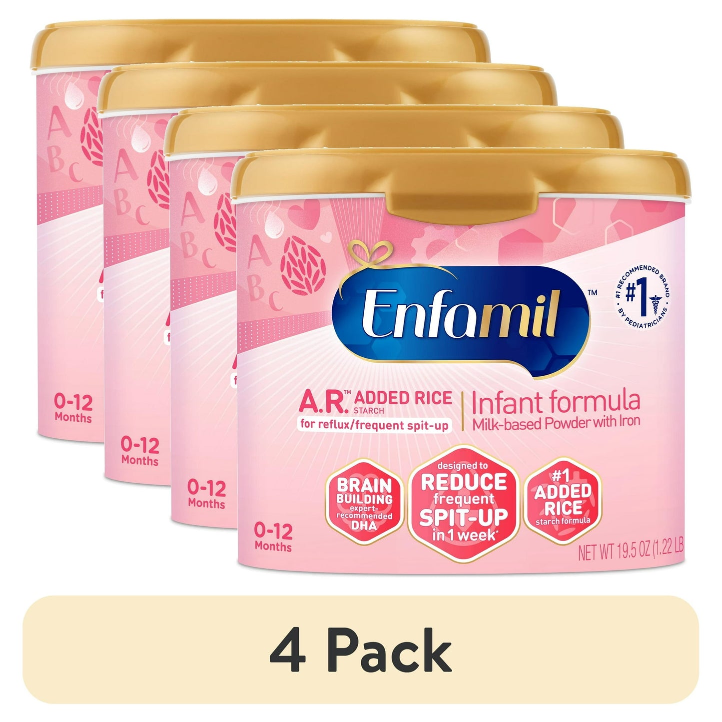 Four cans of Infant Formula with pink and gold packaging on a white background.
