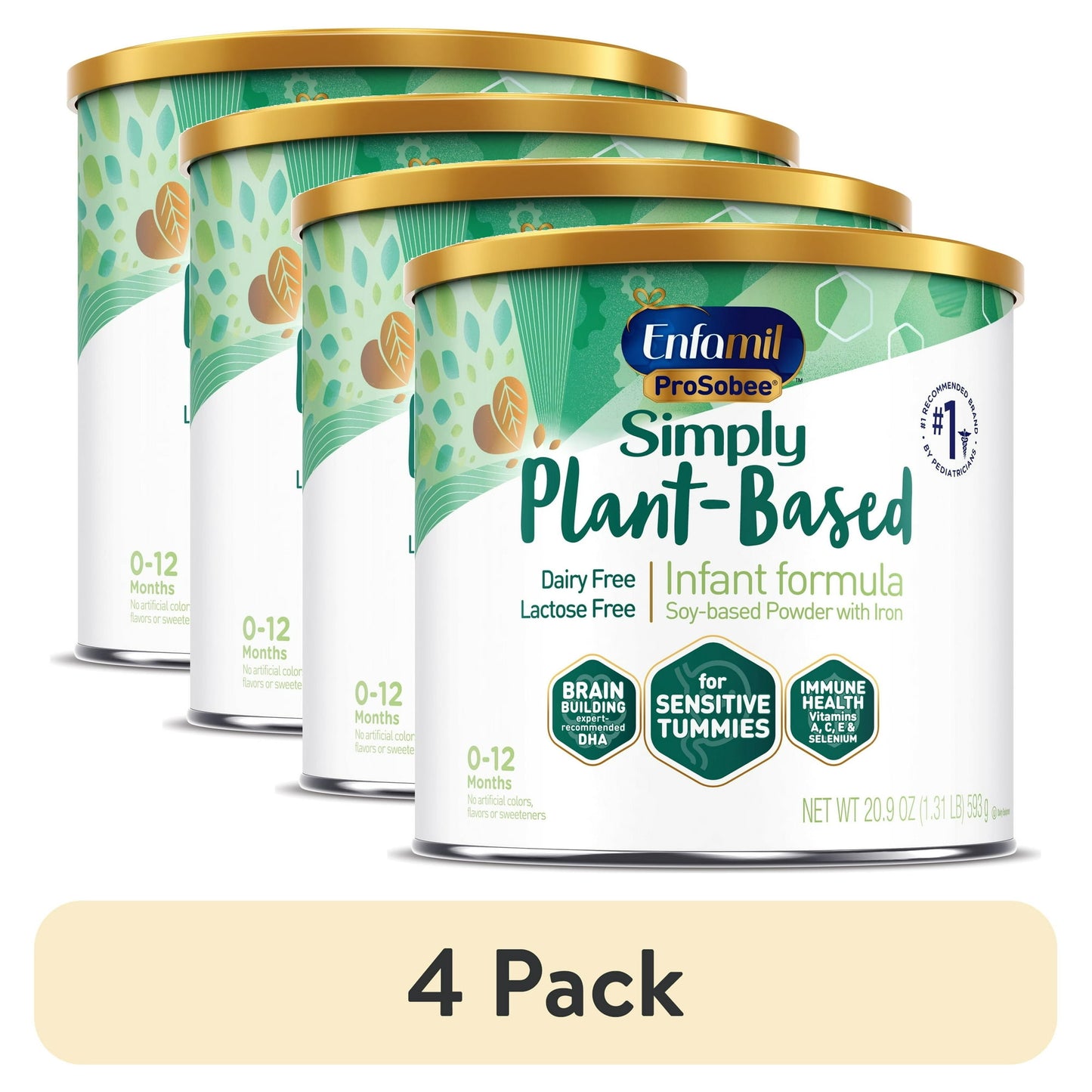 Four cans of Simply Plant-Based infant formula on a white background