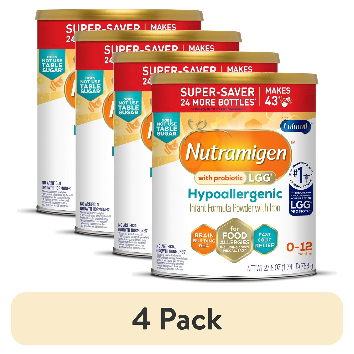 Four cans of hypoallergenic infant formula powder on a white background