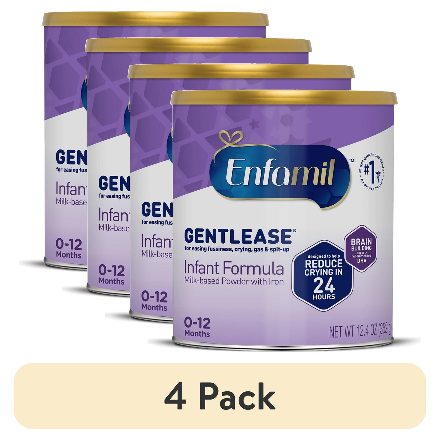 Four cans of infant formula on a white background
