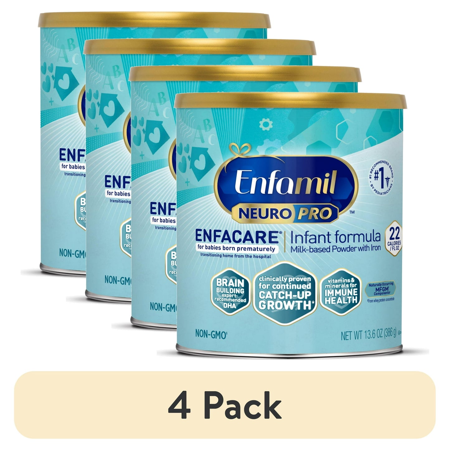 Four cans of infant formula on a white background