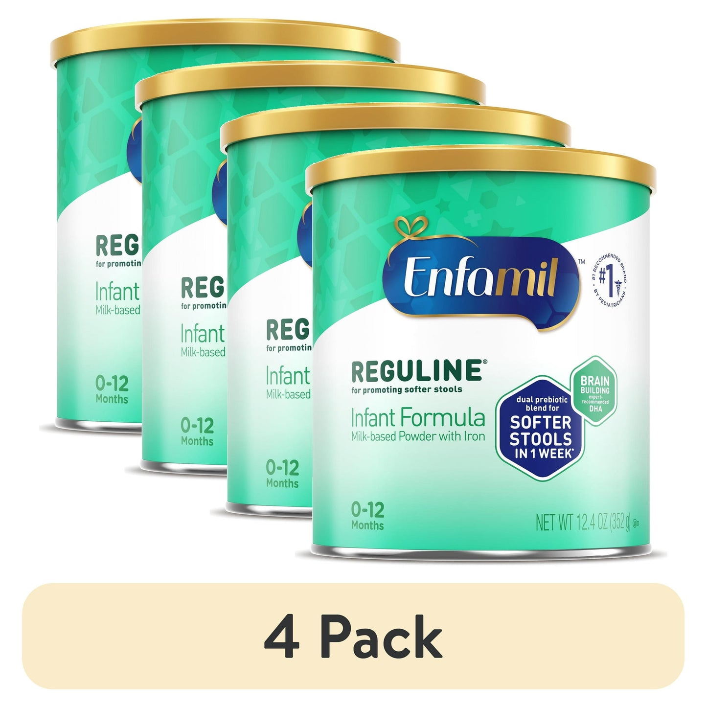 Four cans of infant formula with a beige banner indicating '4 Pack' on a white background.