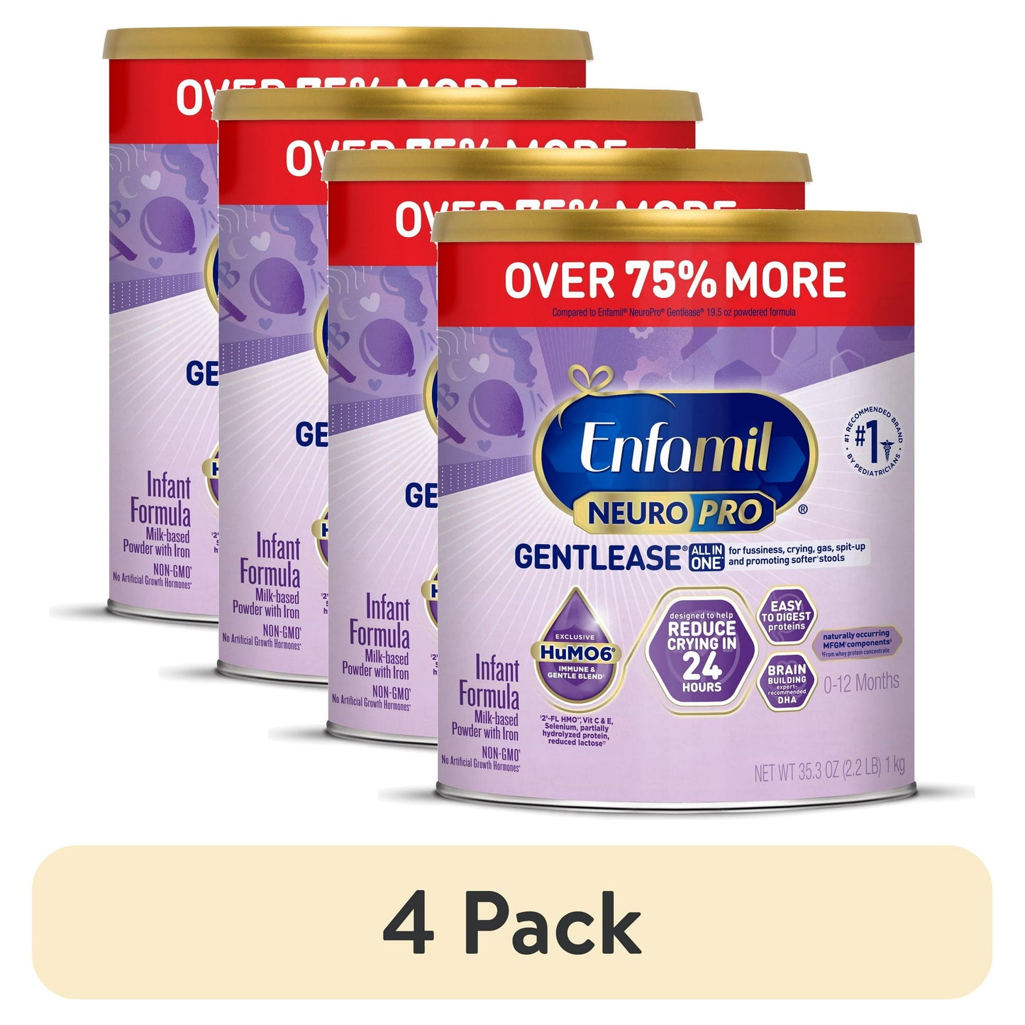 Four cans of infant formula with a '4 Pack' label on a white background.