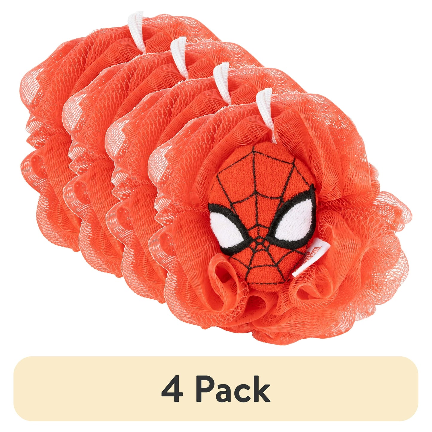 Four orange Spider-Man themed bath poufs on a white background