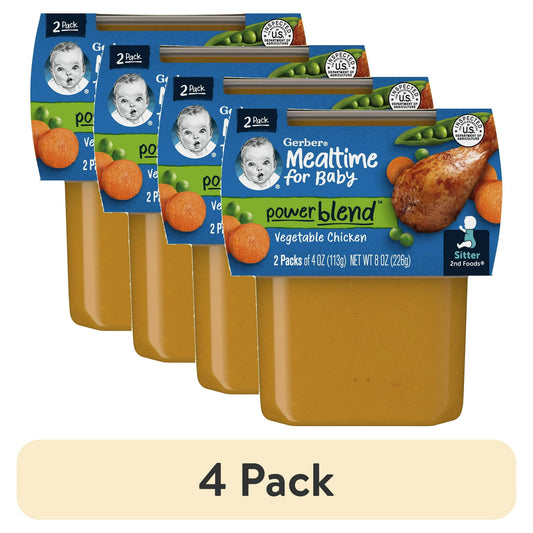 Four packs of Mealtime for Baby powerblend Vegetable Chicken with a '4 Pack' label.