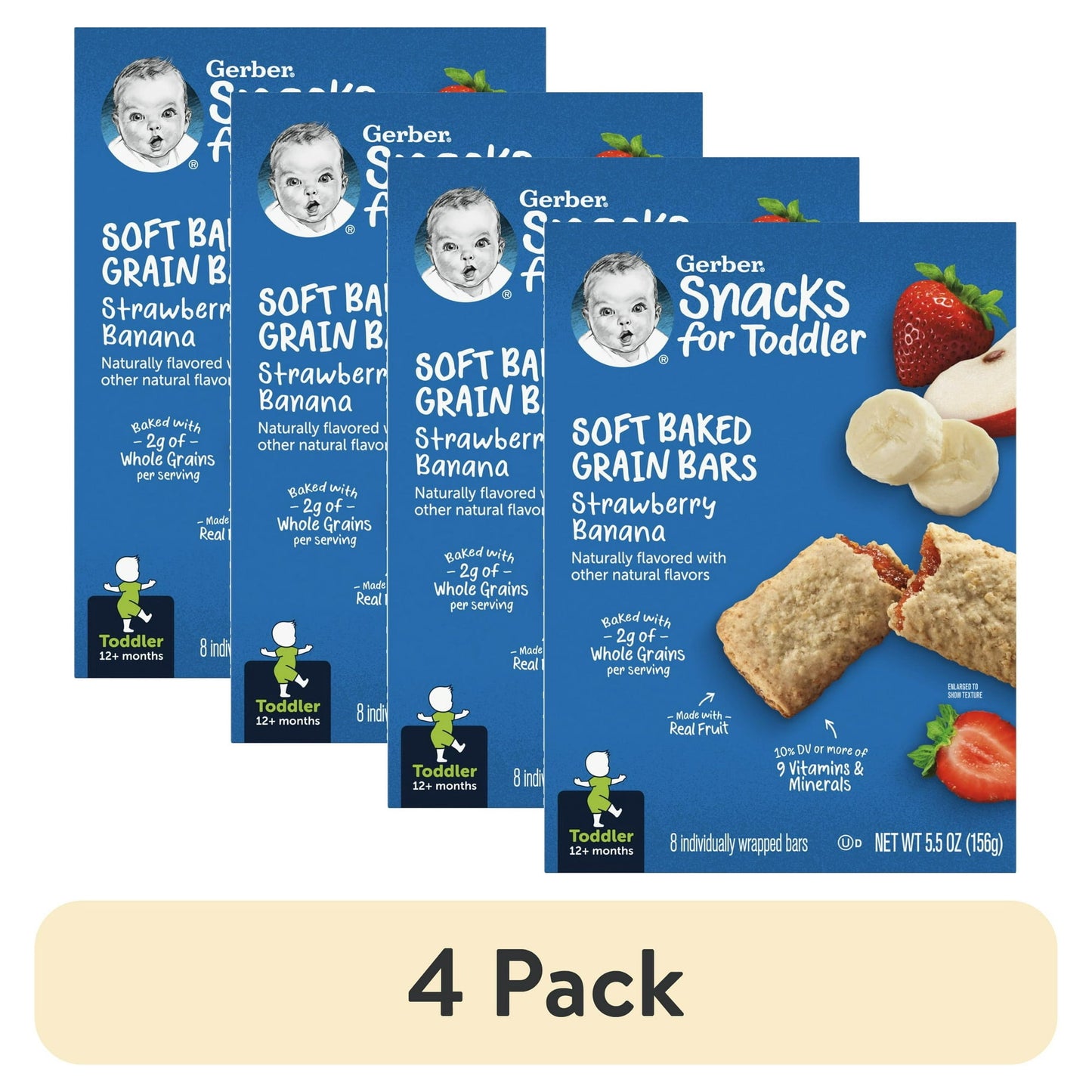 Four packs of Soft Baked Grain Bars with strawberry and banana flavor on a white background.