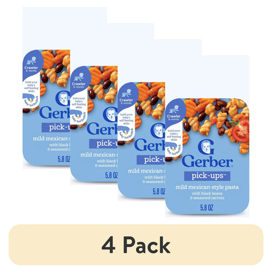 baby food Four packs of mild Mexican-style pasta with black beans and seasoned carrots on a white background.