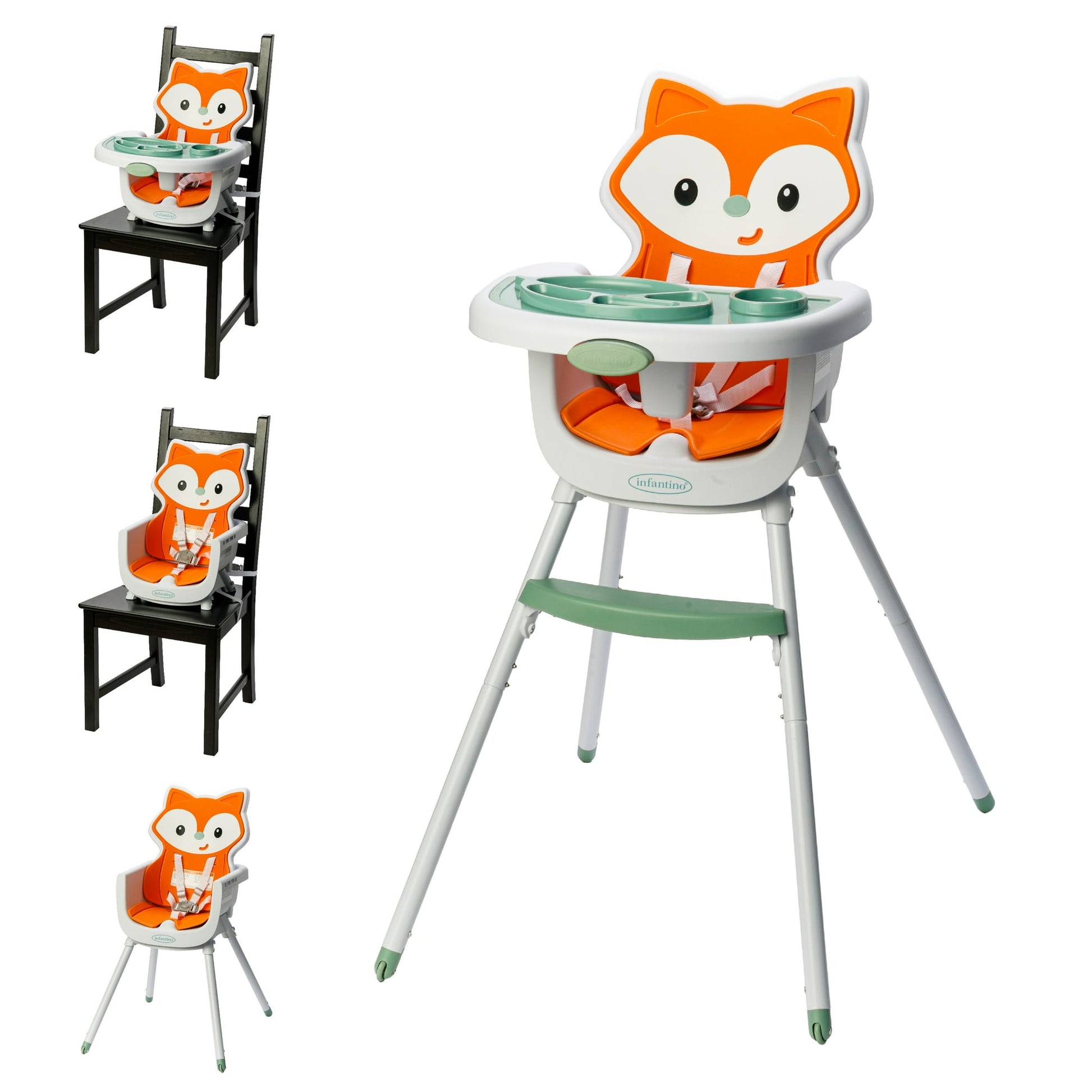 Fox-themed high chair with additional seat and stand on a white background