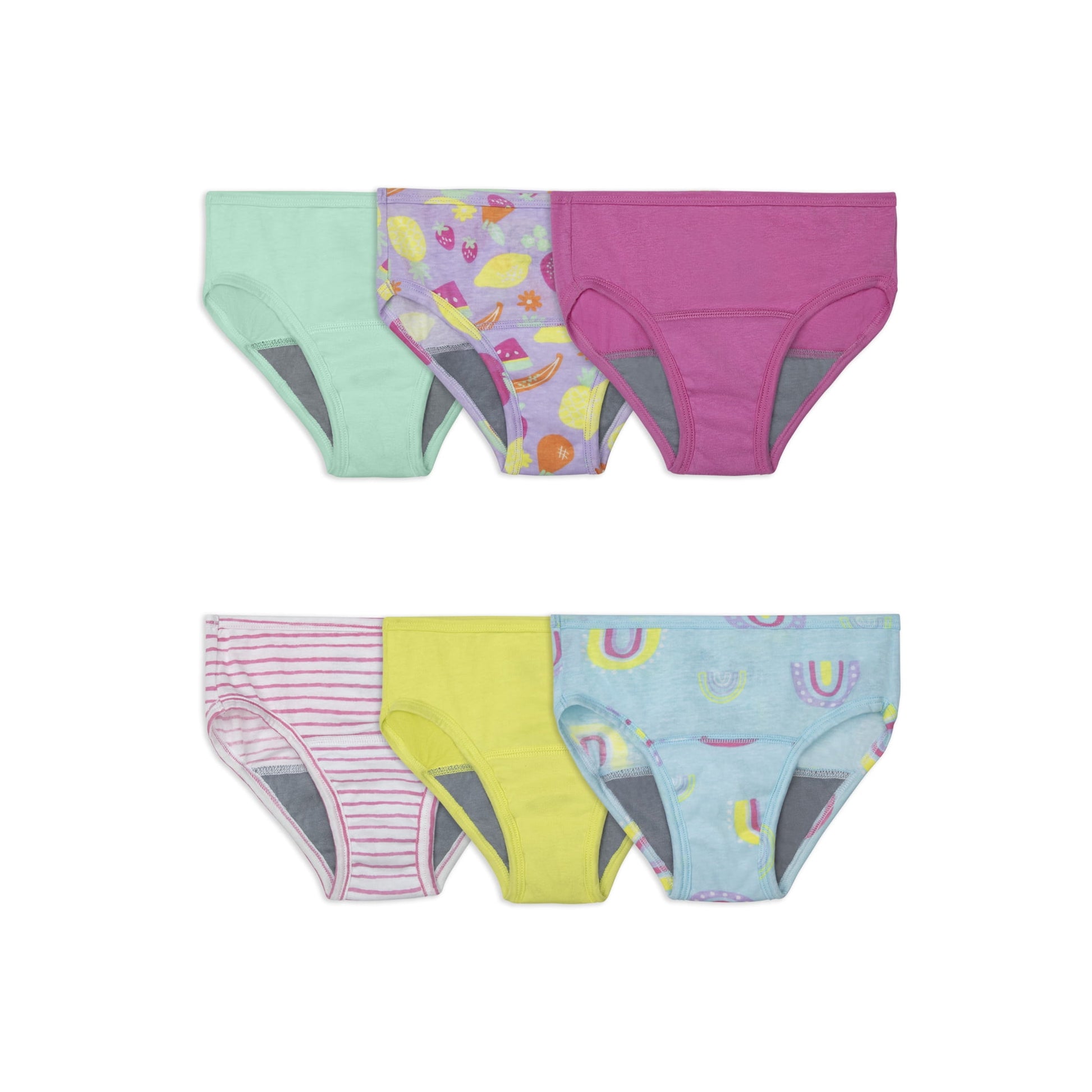 Six pairs of colorful children's training pants or brief underwear with various patterns, with white background
