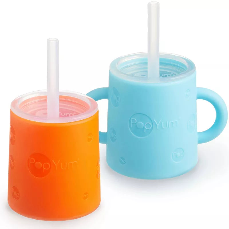 PopYum Silicone Training Cup with Straw + Lid 2-Pack for Baby, Infant and Toddler, Tumbler, Sippy, handles, 5 ounce (blue, orange)