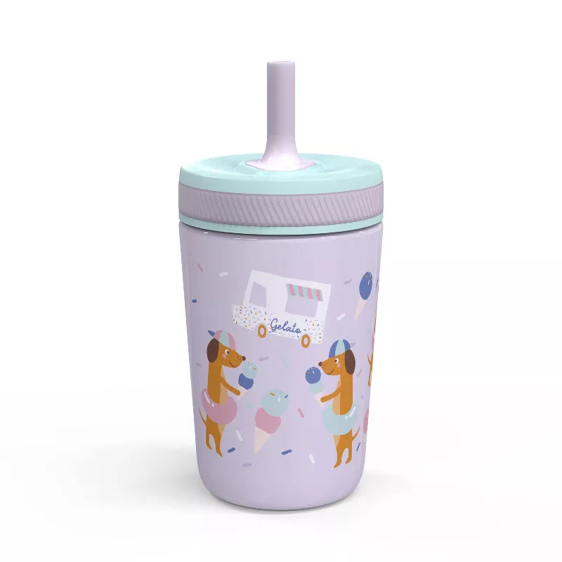 12oz Vacuum Kelso Portable Tumbler 'Ice Cream Dog' - Zak Designs: Stainless Steel Kids Straw Cup, Dishwasher-Safe
