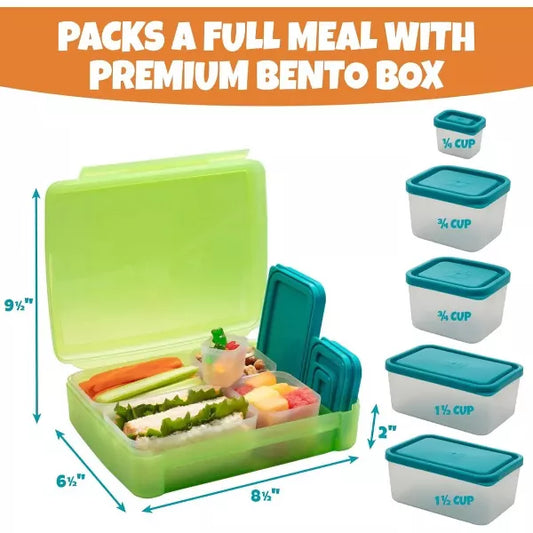 Bentology Green Bento Lunch Box Set w 5 Removable Nesting Containers- Meal Prep Snack Holders for School, Leakproof Durable & BPA Free-Dishwasher Safe