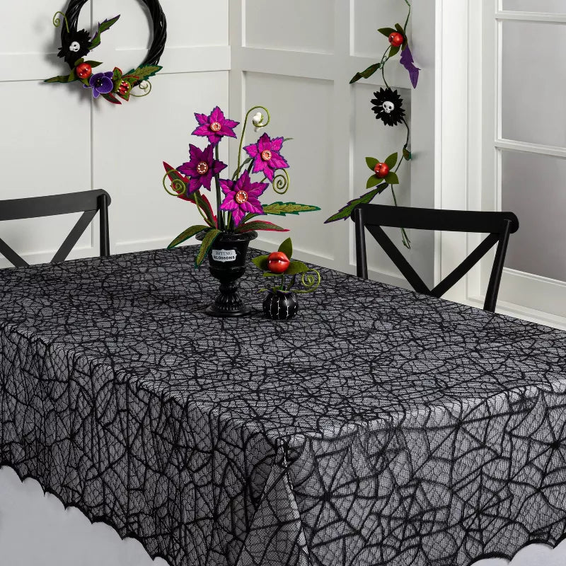 60"x84" Lace Halloween Tablecloth - Hyde and EEK! Boutique: Eerie Cobweb Design, Polyester Fabric, Festive Dining Decor