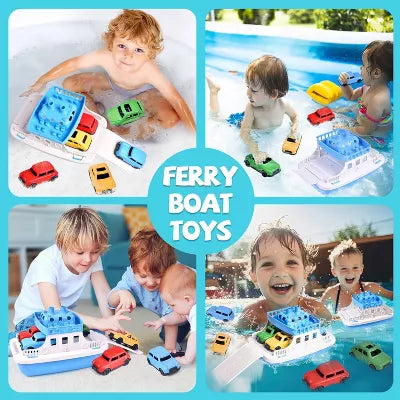 Fun Little Toys 5Pcs Toy Boat Bath Set, Bath Toys for Toddlers with 4 Mini Cars, Summer & Birthday Gifts for Boys