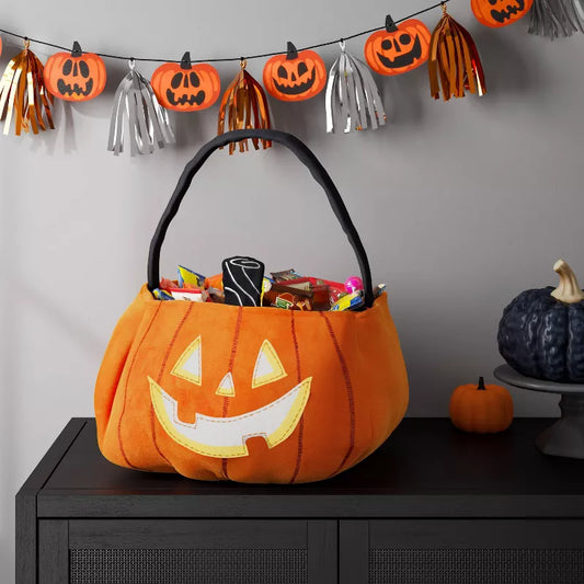 10" Jumbo Pumpkin Halloween Trick or Treat Fabric Basket Orange/Black - Hyde and EEK! Boutique