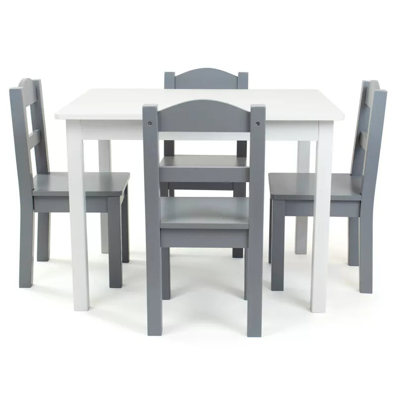 A white rectangular table and four gray wooden chairs, forming a kids' dining or activity set
