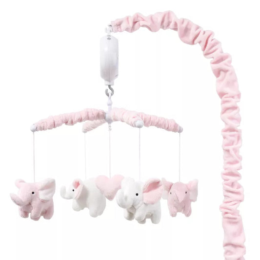 A baby crib mobile with pink and white elephant figures hanging from a pink-covered arm