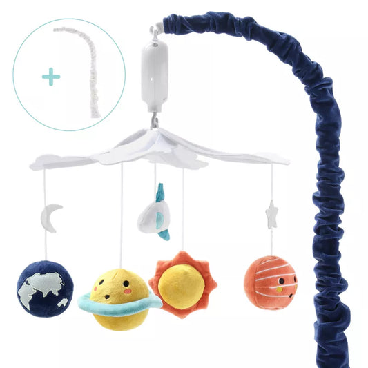 A baby crib mobile with plush space-themed toys, including planets, a sun, and a moon
